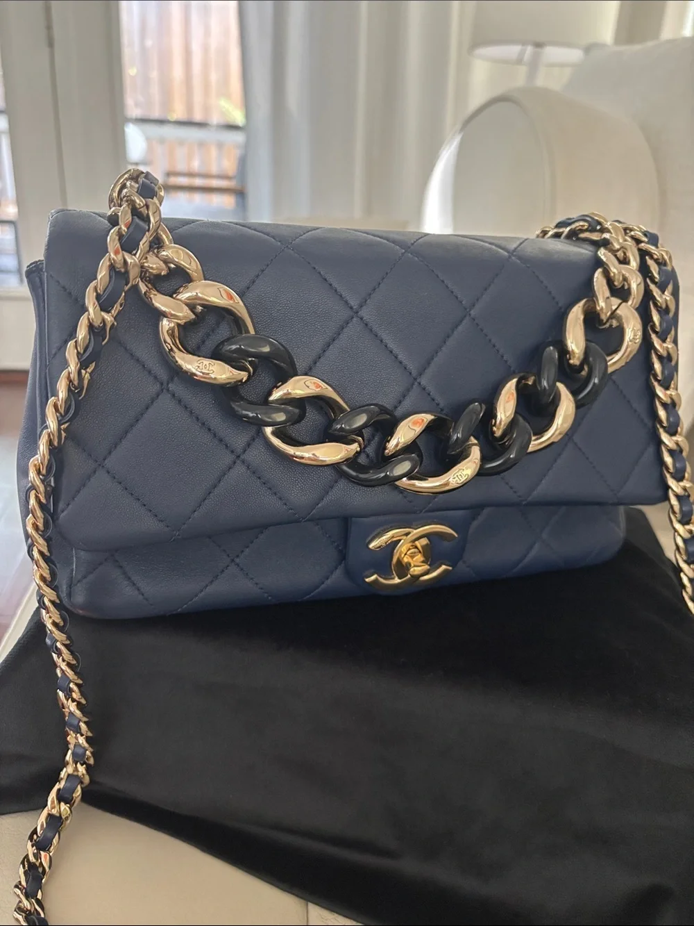 CHANEL Navy Quilted Shoulder Bag with Gold Hardware